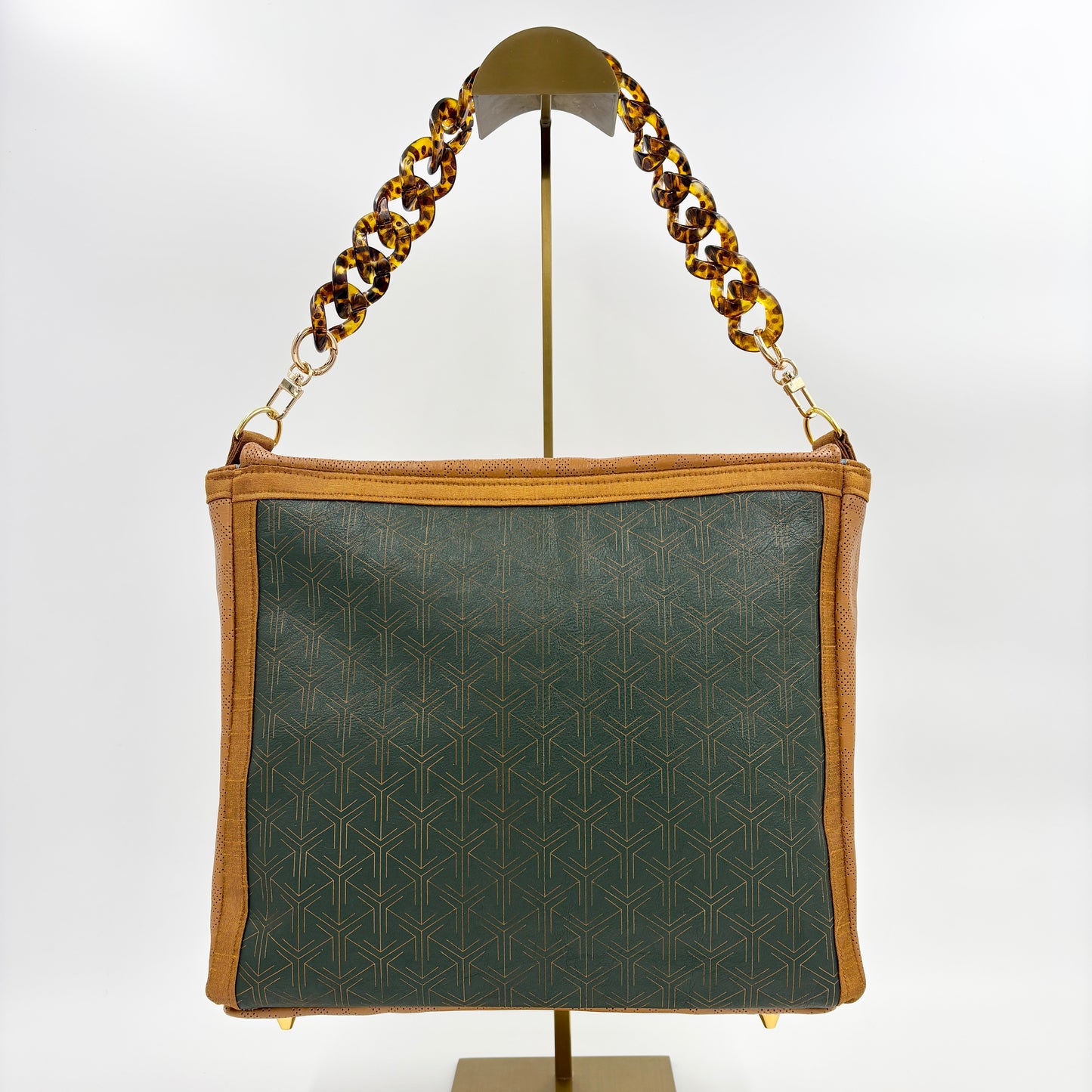 Large Forest and Tan Leather Handbag