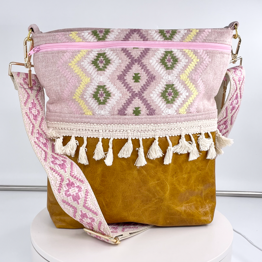 Large Embroidered Canvas and Leather Crossbody