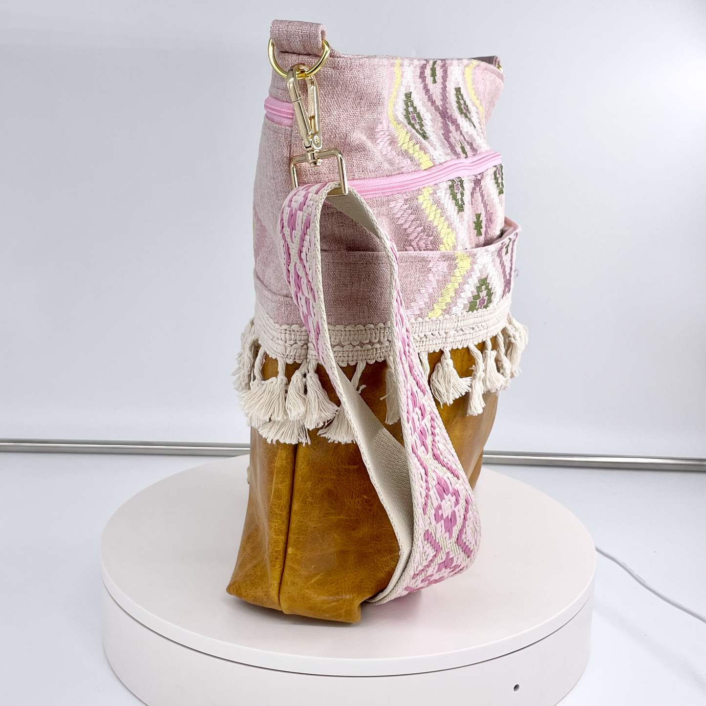 Large Embroidered Canvas and Leather Crossbody