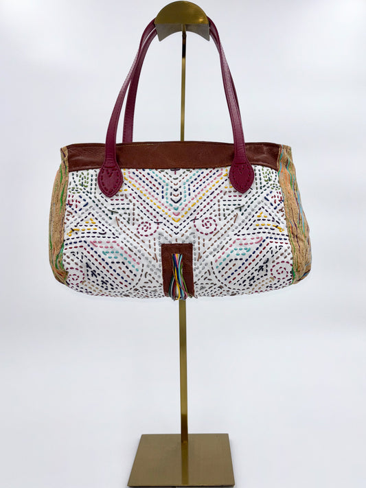 Medium Woven Leather and Cork Handbag