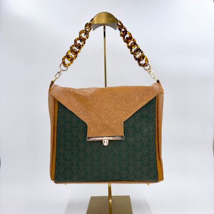 Large Forest and Tan Leather Handbag