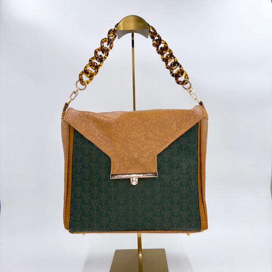 Large Forest and Tan Leather Handbag