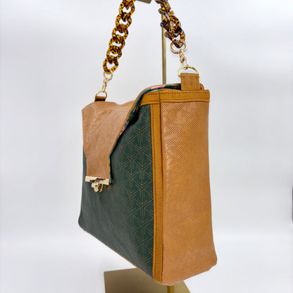 Large Forest and Tan Leather Handbag
