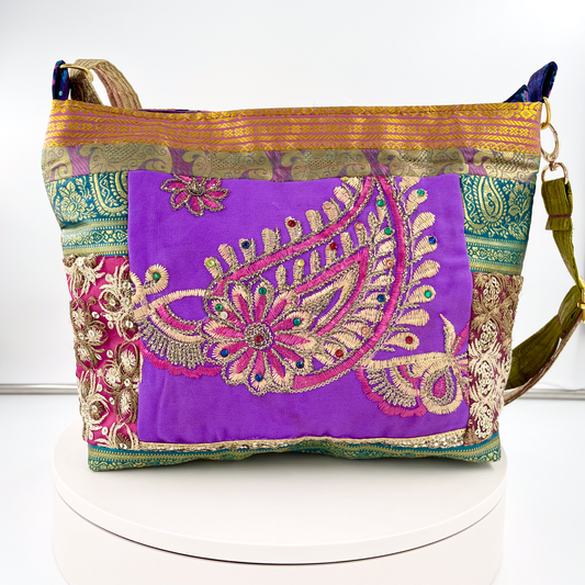 Medium Sari/ Saree Crossbody in Purple Paisley