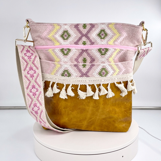 Large Embroidered Canvas and Leather Crossbody