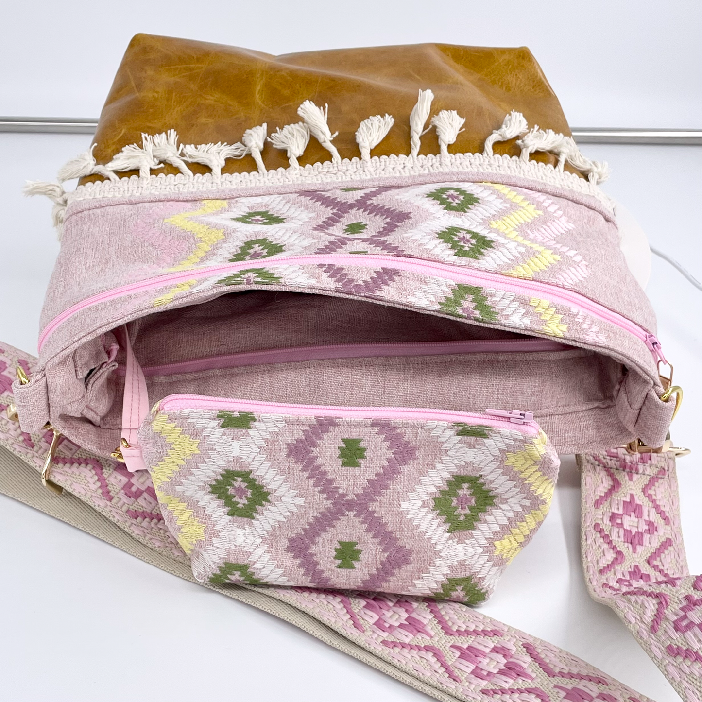 Large Embroidered Canvas and Leather Crossbody