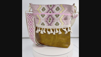 Large Embroidered Canvas and Leather Crossbody