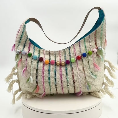 Medium Woven Beaded Hobo Handbag